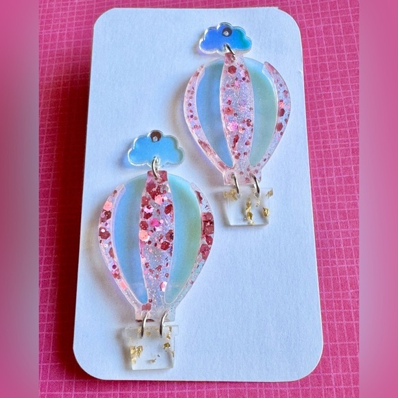 Unbranded Jewelry - New Hot Air Balloon & Cloud w/ Glitter Acrylic Retro 80s Style Earrings - 2.5”